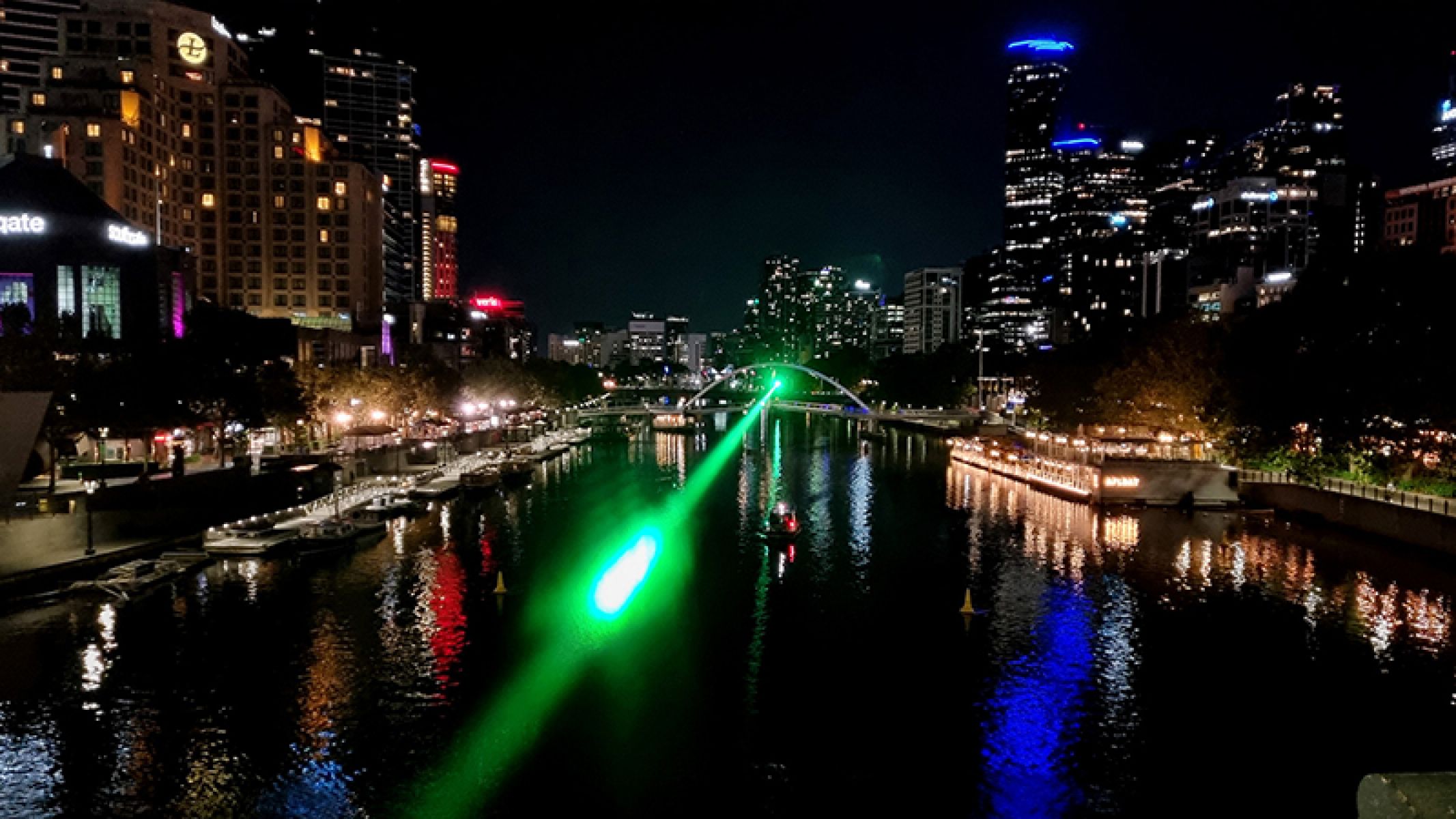An image of a Monochord spaning the Yarra river in Melbourne at night time. 