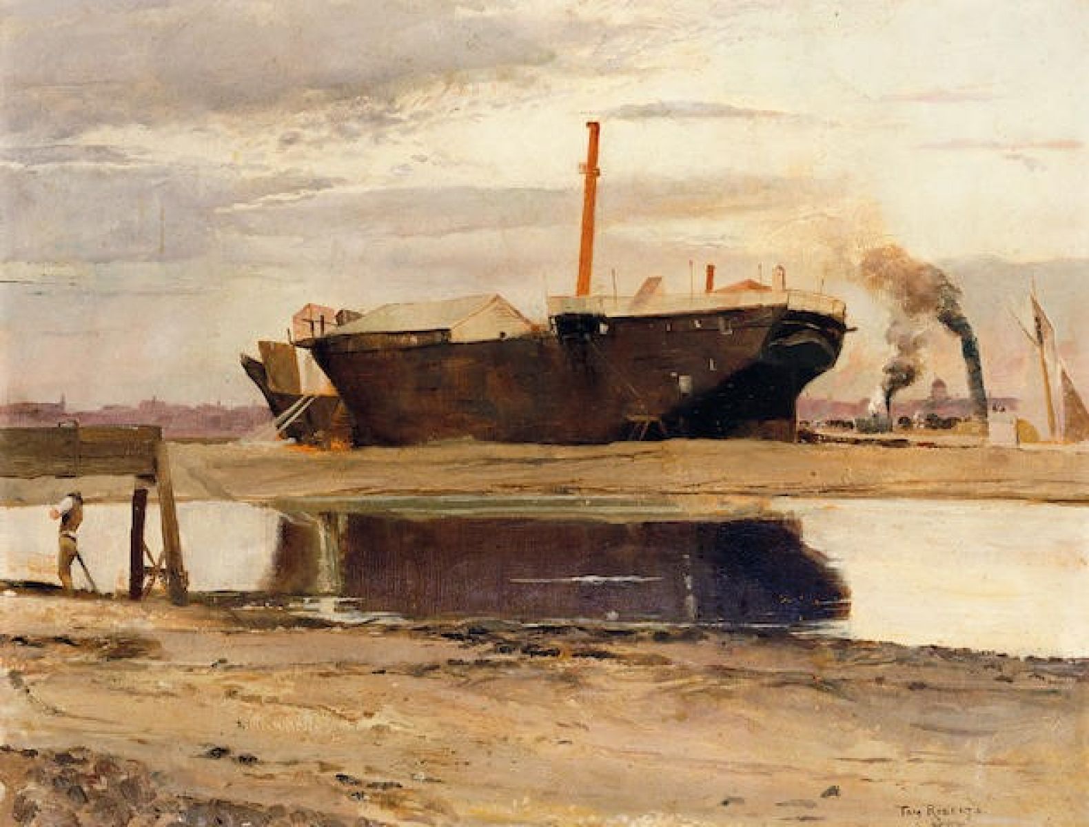 The image is a paiting by Tom Roberts ''The Old Sacramento 1885''. In the drawing the ship can be seen stationed on a large sand bank. A person is working beside the ship and smoke can be seen coming out from behind the ship. 