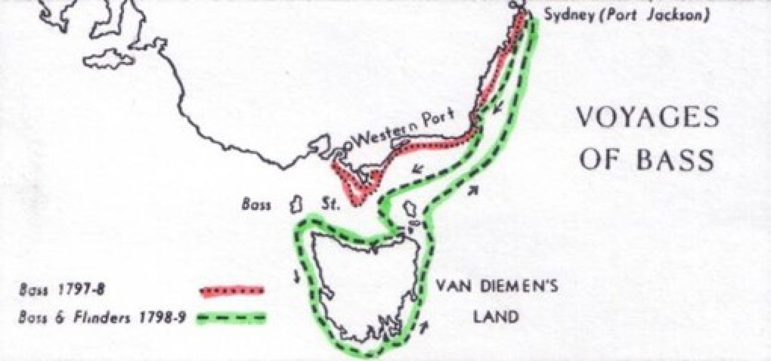 Map of Yoyages of Bass and includes bass 1797-8, Bass and Flinders 1798-9, Van Diemans Land and Sydney (Port Jackson). Map outlines the voyage.