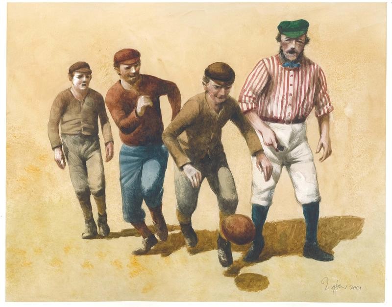 A watercolour painting of four men playing football on a yellow field. The men wear colourful long-sleeve shirts, long pants, dark shoes and socks, and each wear a cap on their head. Their eyes are all focused on a ball that is in the foreground, in mid-bounce.  